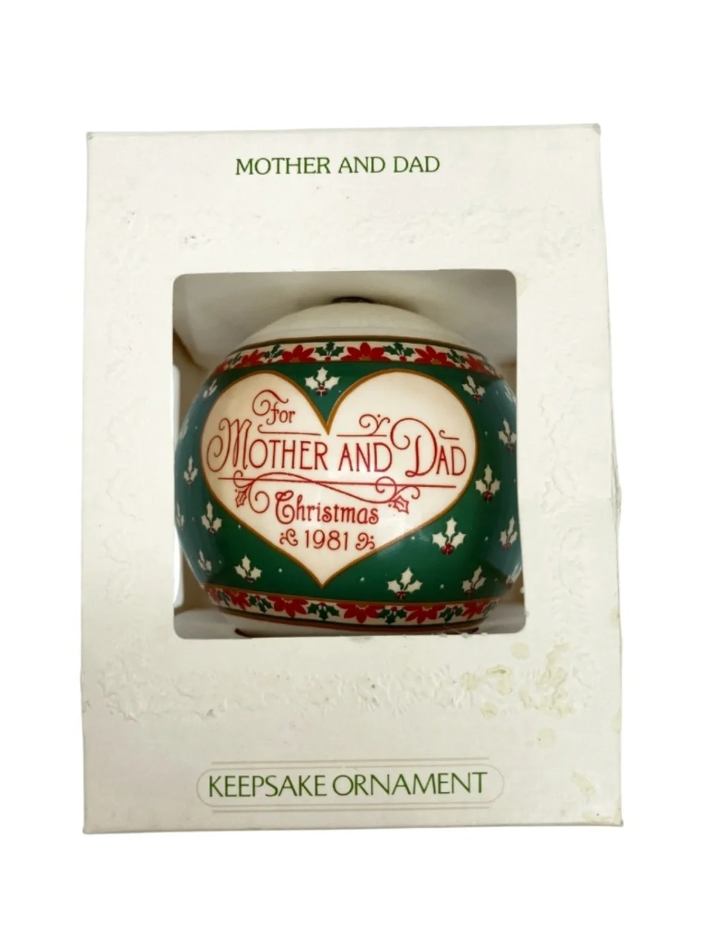 Vintage Hallmark Christmas Ornament for Mother & Dad Satin Heart Floral 1981